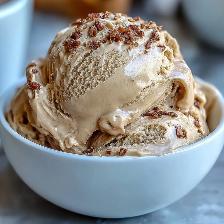 A close-up of homemade Hojicha ice cream in a ceramic bowl, garnished for a Japanese dessert.