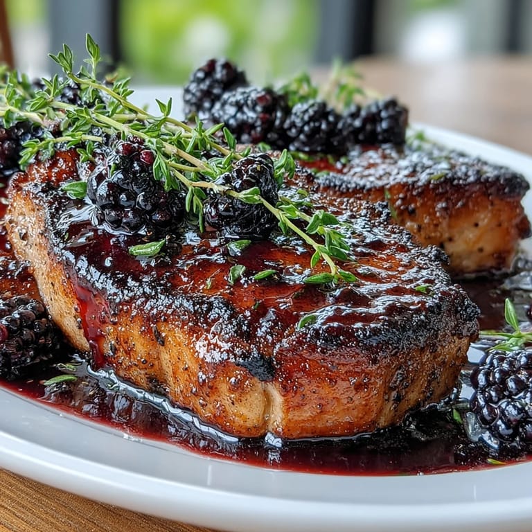 Tender Bourbon Blackberry Pork Chops plated over creamy mashed potatoes with a drizzle of rich glaze.