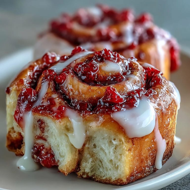 Golden-brown Strawberry Cinnamon Rolls topped with luscious cream cheese glaze and fresh strawberry slices, served warm in a white ceramic baking dish.