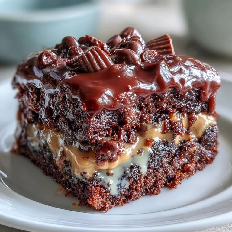 Slice of Rich Peanut Butter Cup Dump Cake served warm with vanilla ice cream and a drizzle of chocolate sauce.