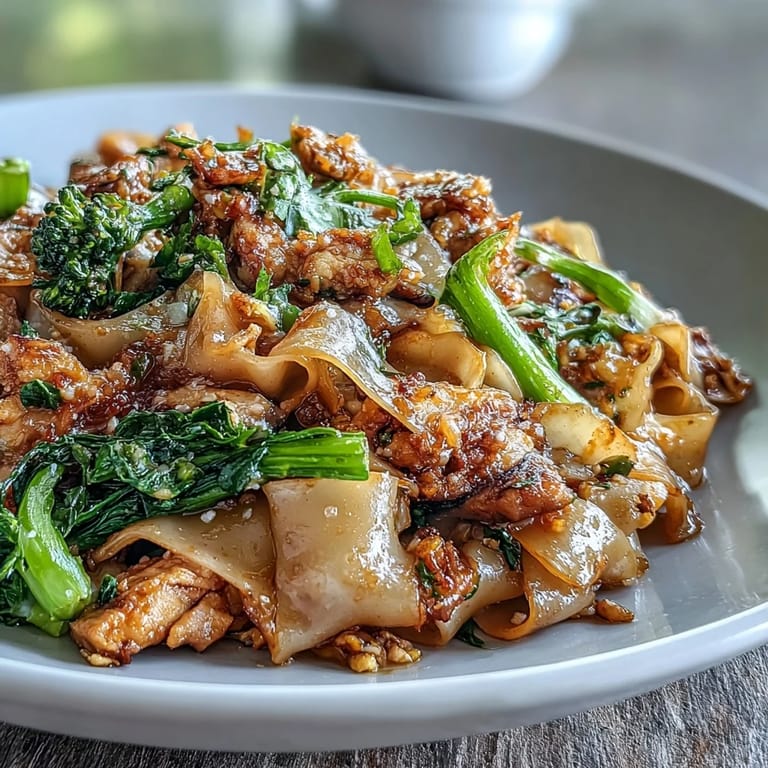 Authentic Thai Pad See Ew served hot with a side of Thai chili vinegar