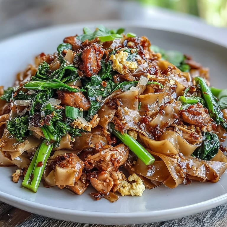 Wok-tossed Authentic Thai Pad See Ew featuring wide rice noodles and caramelized edges