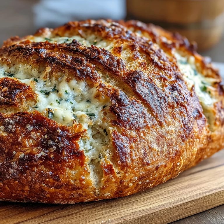 Rustic Perfect Parmesan Garlic Artisan Bread loaf on a wooden board, garnished with fresh rosemary and roasted garlic cloves.