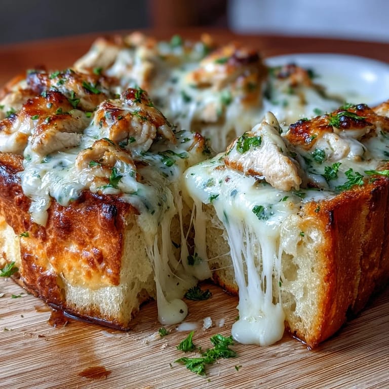Melted mozzarella and white cheddar blanket the warm Chicken Alfredo Garlic Bread, with a bowl of extra Alfredo sauce nearby.