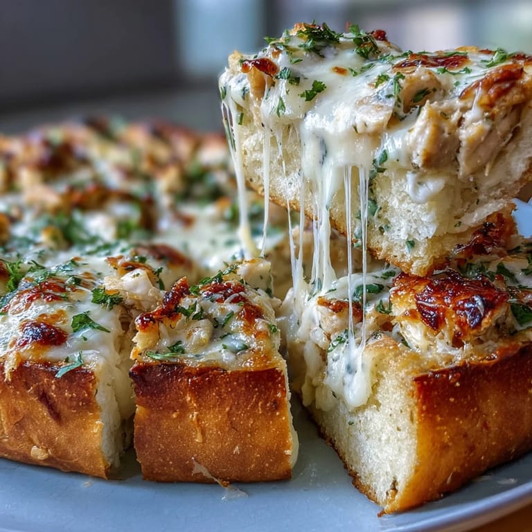 Sliced pieces of Chicken Alfredo Garlic Bread are arranged on a wooden board, garnished with fresh parsley and ready to serve.