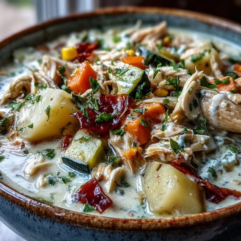 Hearty ranch chicken veggie soup with shredded chicken, corn, and potatoes served hot beside crusty artisan bread.