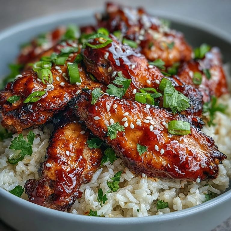 Golden baked chicken wings tossed in sweet and savory sauce, plated with fluffy rice and herbs.