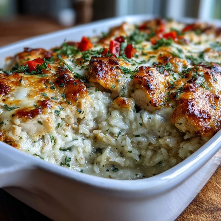 Sizzling Creamy Garlic Chicken & Rice Casserole topped with golden cheese, ready to serve with a fresh green salad.
