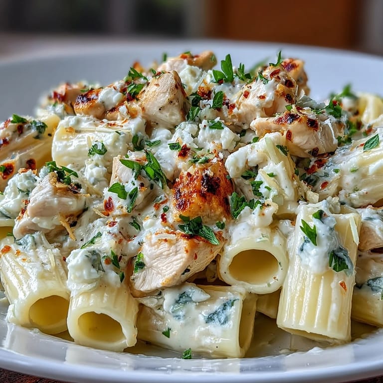 Close-up of Creamy Lemon Feta Chicken Pasta showcasing golden chicken pieces and a silky lemon cream sauce coating every noodle.