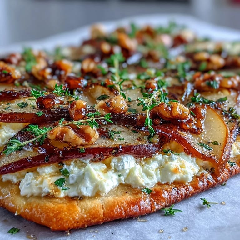 Fresh Goat Cheese & Pear Flatbread with Hot Honey is sliced for serving, with thyme garnish and honey drizzle nearby.
