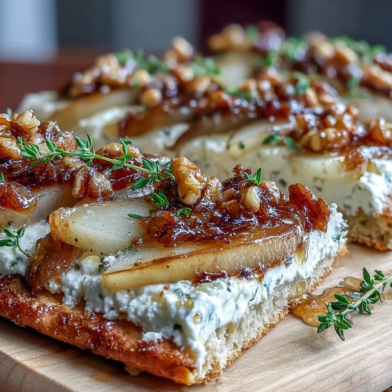 Close-up of Goat Cheese & Pear Flatbread with Hot Honey highlights creamy goat cheese, juicy pear slices, and spicy honey drizzle.