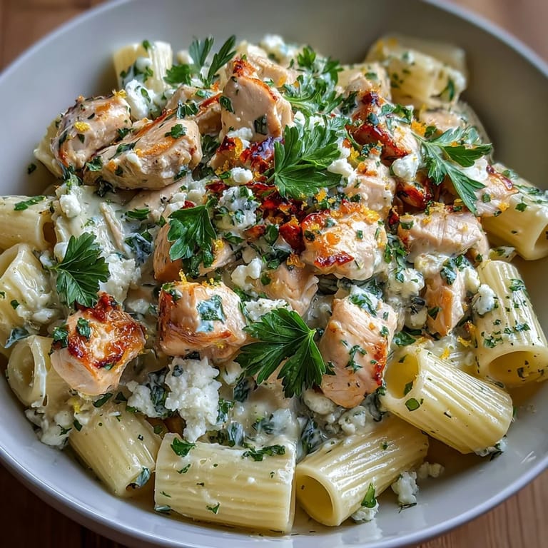 A close-up of Creamy Lemon Feta Chicken Pasta in a skillet, silky lemon cream sauce clinging to penne and chicken.
