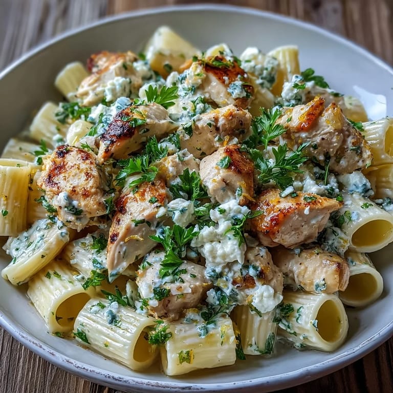 Plate of Creamy Lemon Feta Chicken Pasta topped with extra feta and parsley, ideal for a quick, elegant weeknight dinner.