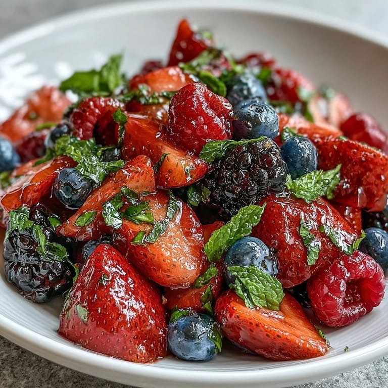 Fresh Summer Berry Salad with Mint and Honey in a rustic bowl, garnished with fresh mint leaves and served on a sunny outdoor table.