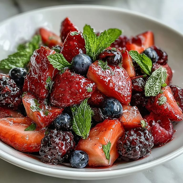 Fresh Summer Berry Salad with Mint and Honey in a clear glass bowl, topped with chopped mint and honey-lemon dressing, perfect for a light dessert.
