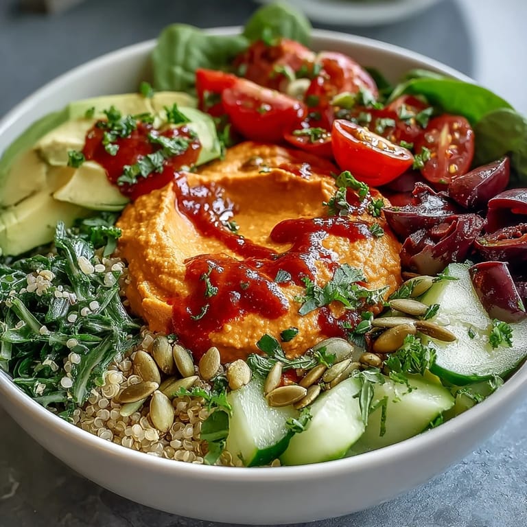 Freshly blended roasted red pepper hummus is spooned over a colorful bowl of quinoa, crisp cucumber, tomatoes, and creamy avocado slices.