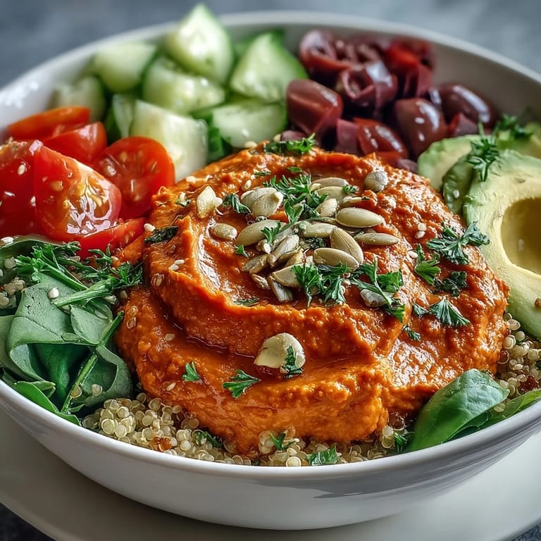 A vibrant vegan Buddha bowl features the roasted red pepper hummus with purple cabbage, kalamata olives, and a sprinkle of toasted pumpkin seeds.