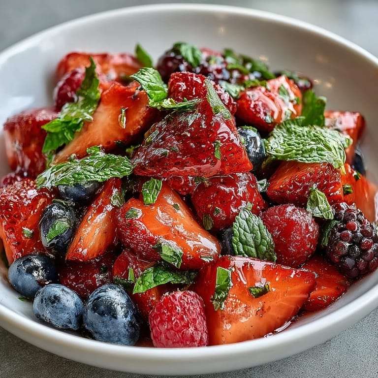 Fresh Summer Berry Salad with Mint and Honey in a rustic bowl, garnished with fresh mint leaves and served on a sunny outdoor table.
