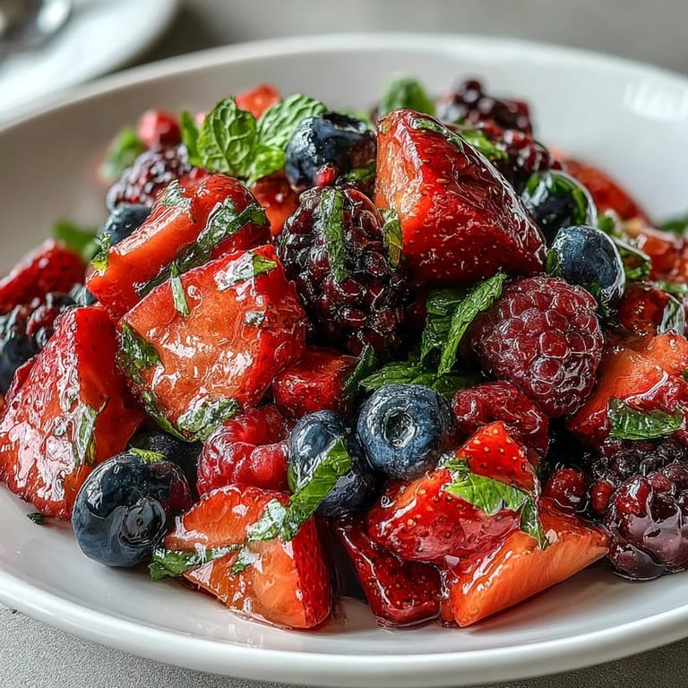 Fresh Summer Berry Salad with Mint and Honey in a clear glass bowl, topped with chopped mint and honey-lemon dressing, perfect for a light dessert.