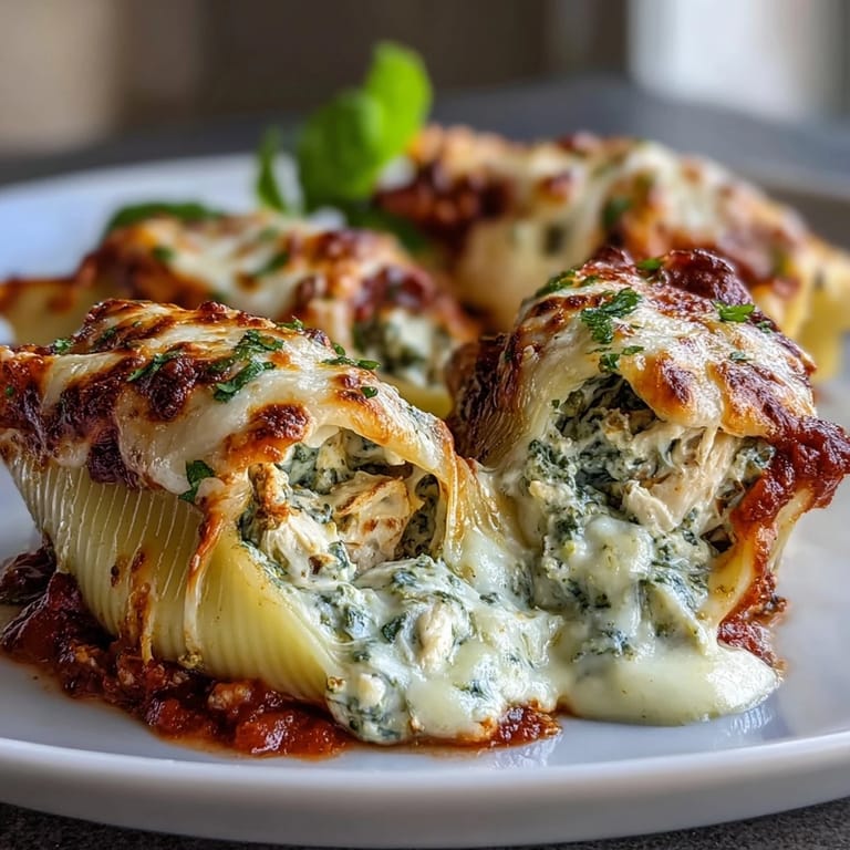 Individual Pesto Lasagna Stuffed Shells baked in marinara sauce, revealing a creamy ricotta, Parmesan, and pesto chicken filling inside.