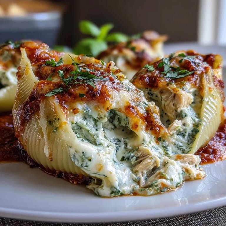 Close-up of Pesto Lasagna Stuffed Shells on a white plate, showcasing golden melted mozzarella and a rich, bubbly marinara topping.