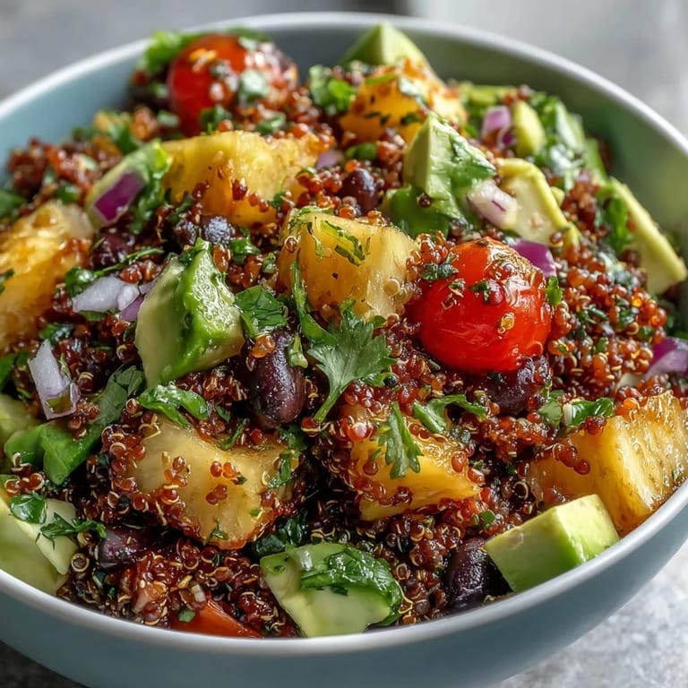 Bright serving bowl of the Tropical Quinoa Salad with Pineapple and Black Beans, garnished with fresh cilantro, diced avocado, and halved cherry tomatoes.