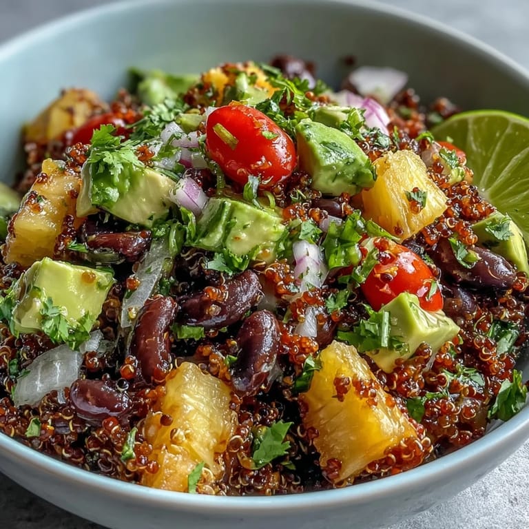 Top-down view of a fresh Tropical Quinoa Salad with Pineapple and Black Beans, tossed in a zesty lime dressing and ready to eat.