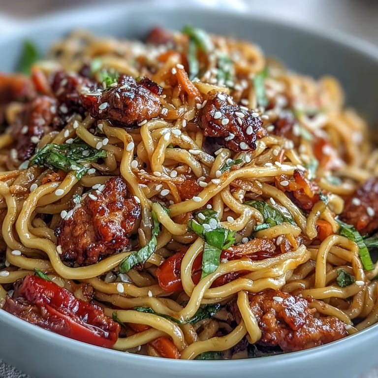 Flavorful Korean Turkey Fried Noodles featuring tender turkey, fresh veggies, and a sweet-savory sesame sauce, garnished with green onions.