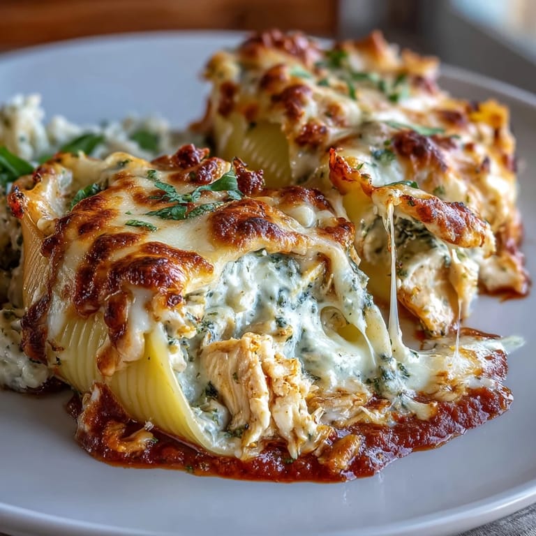 Cheesy chicken pesto lasagna stuffed shells with Parmesan and basil, baked in marinara and topped with melted mozzarella.