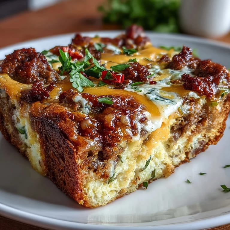 Fluffy egg bake loaded with spicy sausage, colorful bell peppers, and gooey cheddar, perfect for a satisfying keto brunch or meal prep.