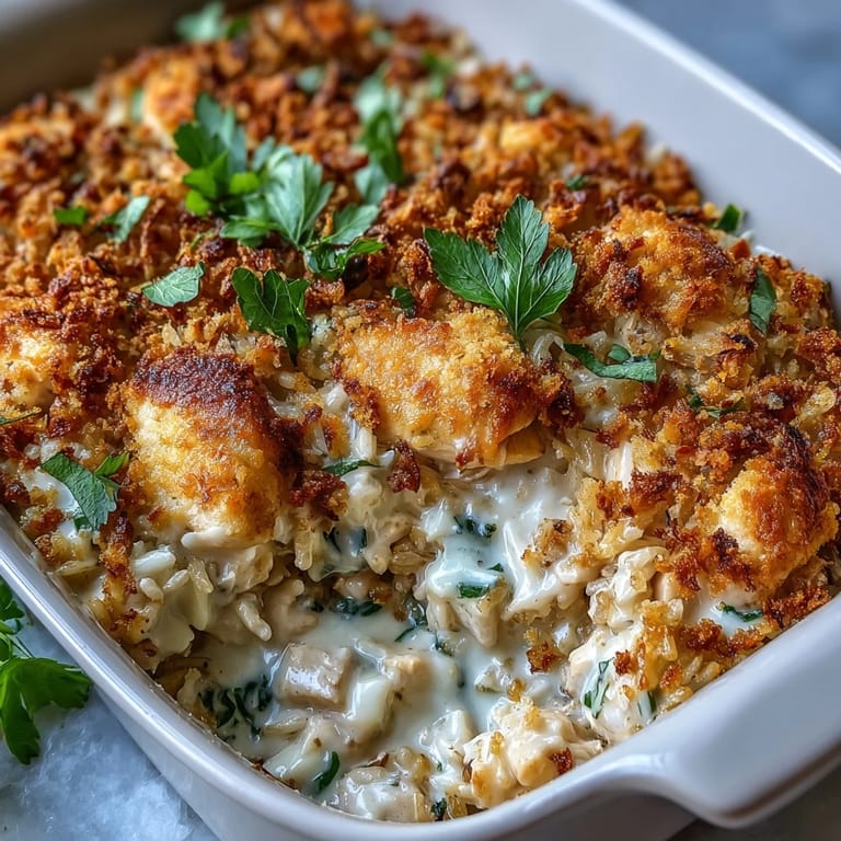 Savory chicken casserole with creamy garlic sauce, tender rice, and melted cheese, perfect for family dinners.  