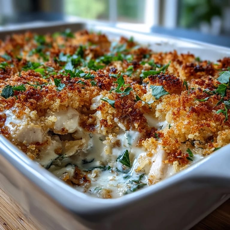 Rich and comforting garlic chicken rice bake, featuring a golden cheesy crust and creamy vegetable filling.