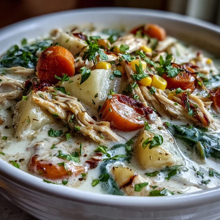 Hearty bowl of ranch-seasoned chicken soup loaded with carrots, corn, and spinach for a comforting meal.  