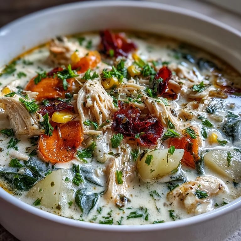 Shredded ranch chicken chowder with potatoes, bell peppers, and half-and-half for a cozy, satisfying soup.