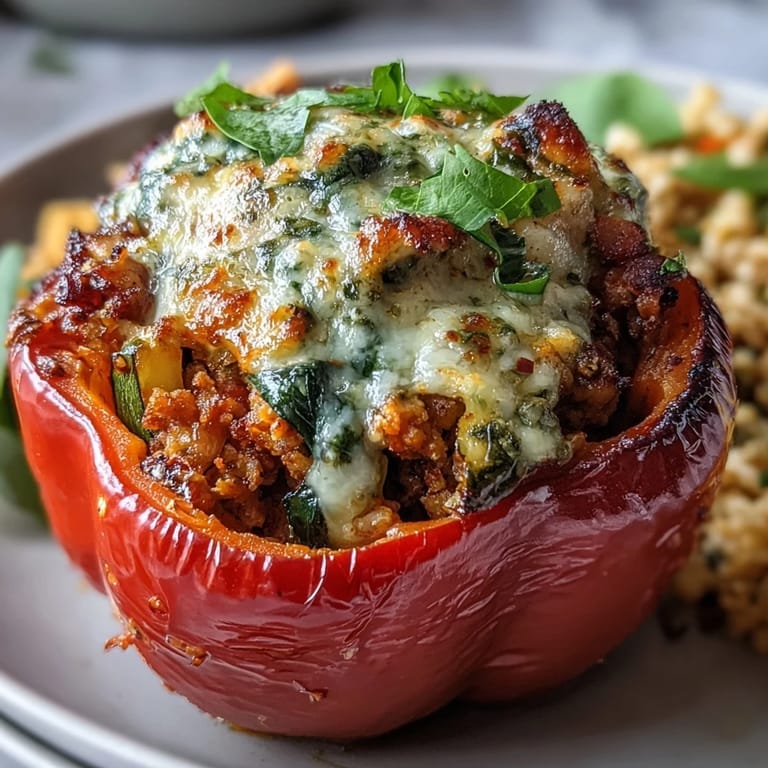 Healthy stuffed bell peppers bursting with ground turkey, zucchini, carrots, and spinach, baked until tender and topped with melted cheese for a satisfying dish.