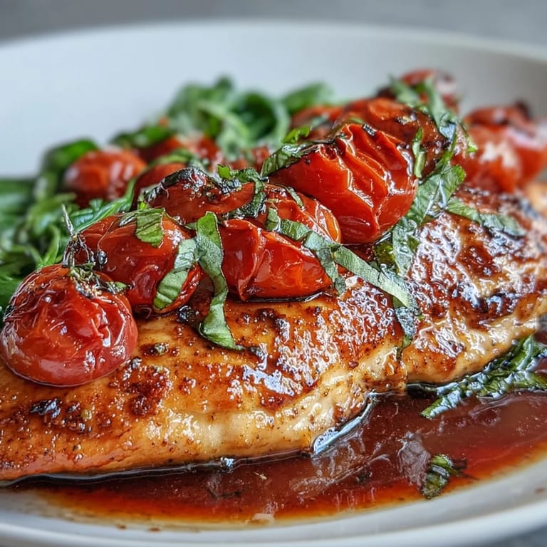 One-pan balsamic chicken with tomatoes and spinach, bursting with tangy-sweet flavor and vibrant colors.  