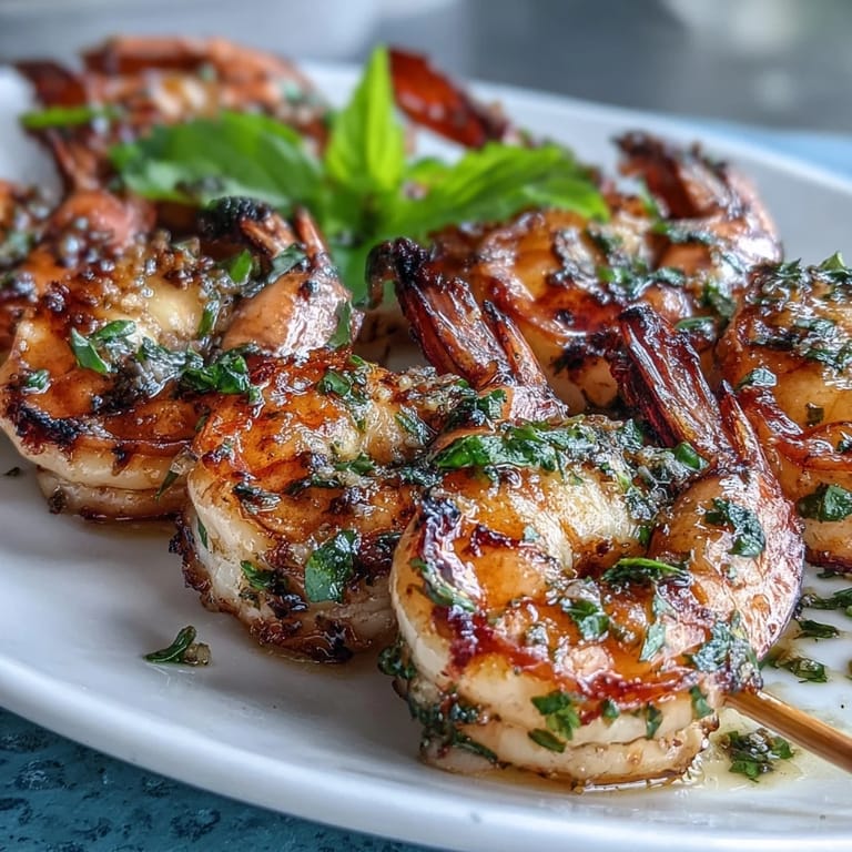 Juicy shrimp marinated in zesty lemon and fresh herbs, grilled to golden perfection on skewers for a light summer meal.