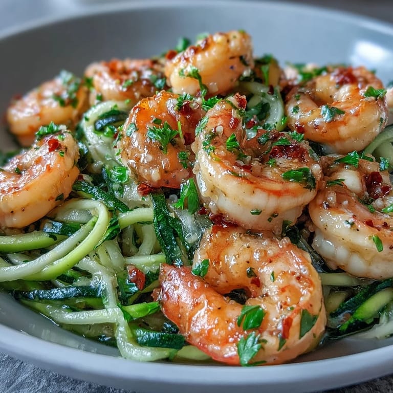 Healthy low-carb shrimp scampi featuring tender shrimp and spiralized zucchini tossed with zesty lemon and red pepper flakes.  