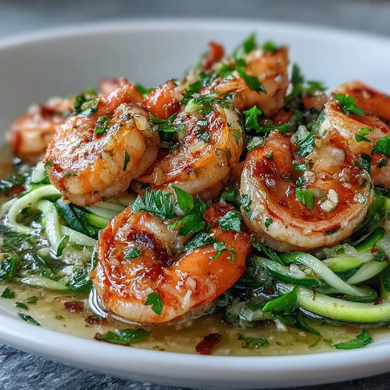 Delicious skinny shrimp scampi with zucchini noodles, garnished with Parmesan and served in a white bowl.