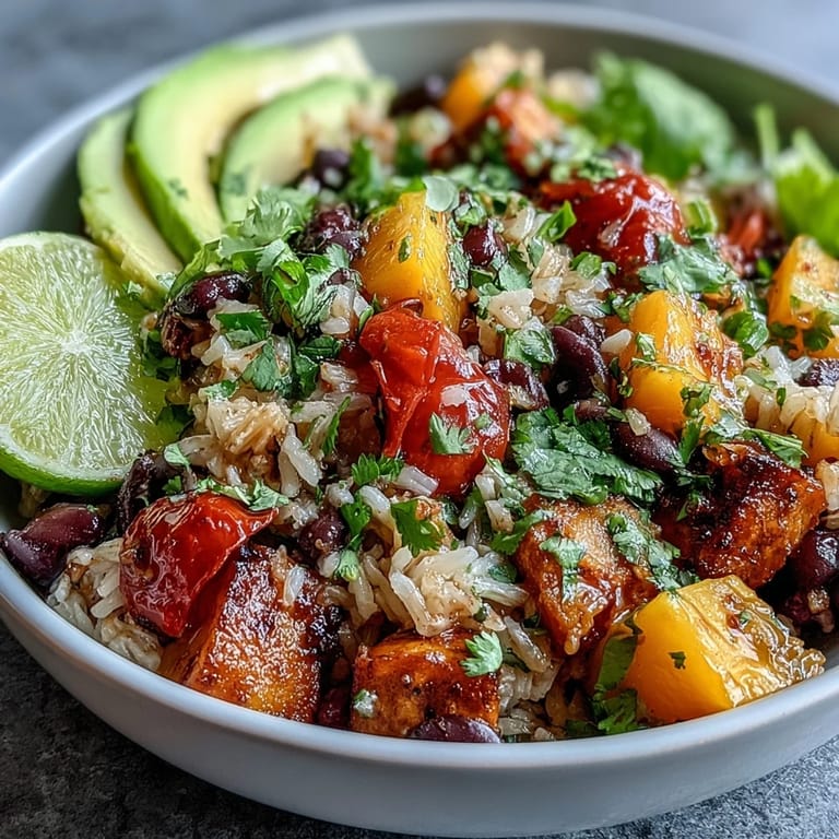 Colorful vegetarian bowl featuring tropical mango, hearty black beans, and nutty brown rice, topped with fresh veggies.  