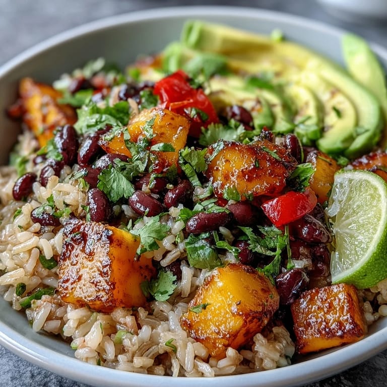 Fresh and flavorful Mango and Black Bean Brown Rice Fiesta Bowls, perfect for a healthy vegan lunch or dinner.
