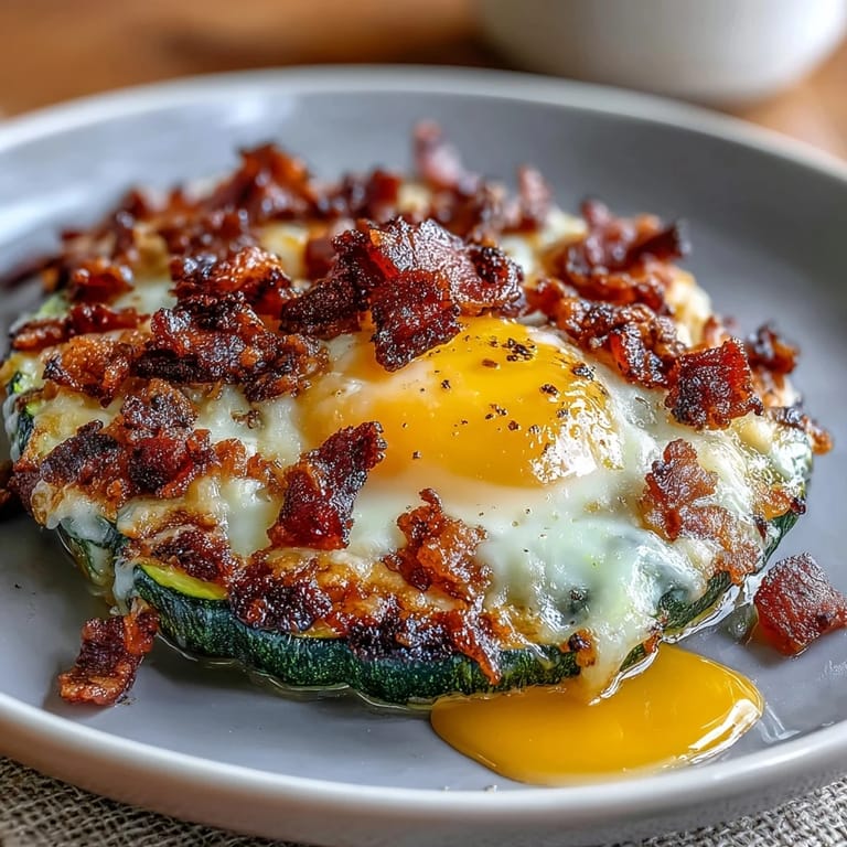 Wholesome zucchini nests filled with smoky bacon and runny eggs, garnished with fresh chives for a satisfying keto-friendly morning meal.  