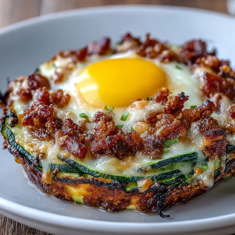 Golden zucchini nests cradling baked eggs and crumbled bacon, offering a delicious gluten-free breakfast packed with protein and flavor.