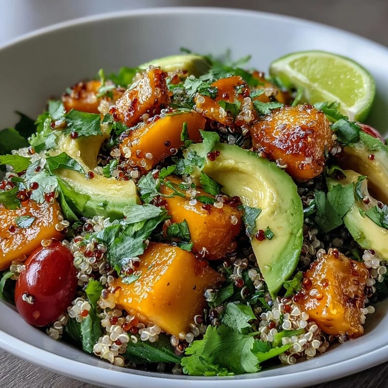 Refreshing vegan quinoa salad featuring ripe mango, diced avocado, and juicy cherry tomatoes tossed in a tangy lime dressing for a healthy lunch.
