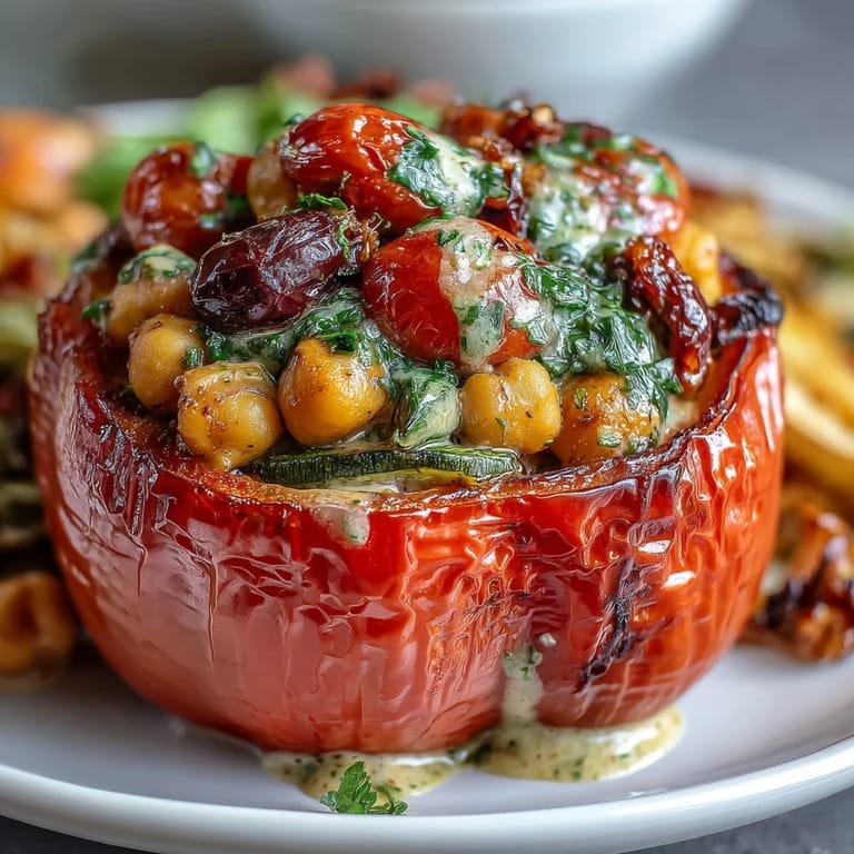 Hearty bell peppers packed with Mediterranean chickpea and vegetable filling, drizzled with zesty lemon tahini dressing. A satisfying gluten-free vegan dinner bursting with flavor.