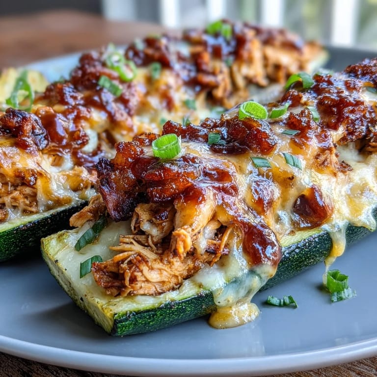 Delicious zucchini boats loaded with BBQ chicken, topped with melted cheddar, and baked to golden perfection—ideal for weeknight meals.