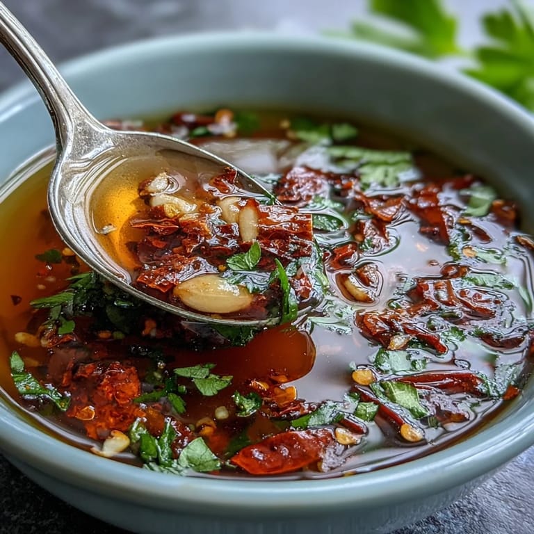 3. Silky chili oil with toasted garlic and cilantro offers a rich, aromatic dip for bread, noodles, or grilled meats.