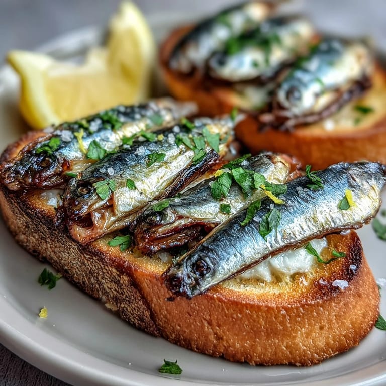Golden toasted baguette slices topped with tender sardines, bright lemon zest, and fresh herbs for a vibrant Italian appetizer.