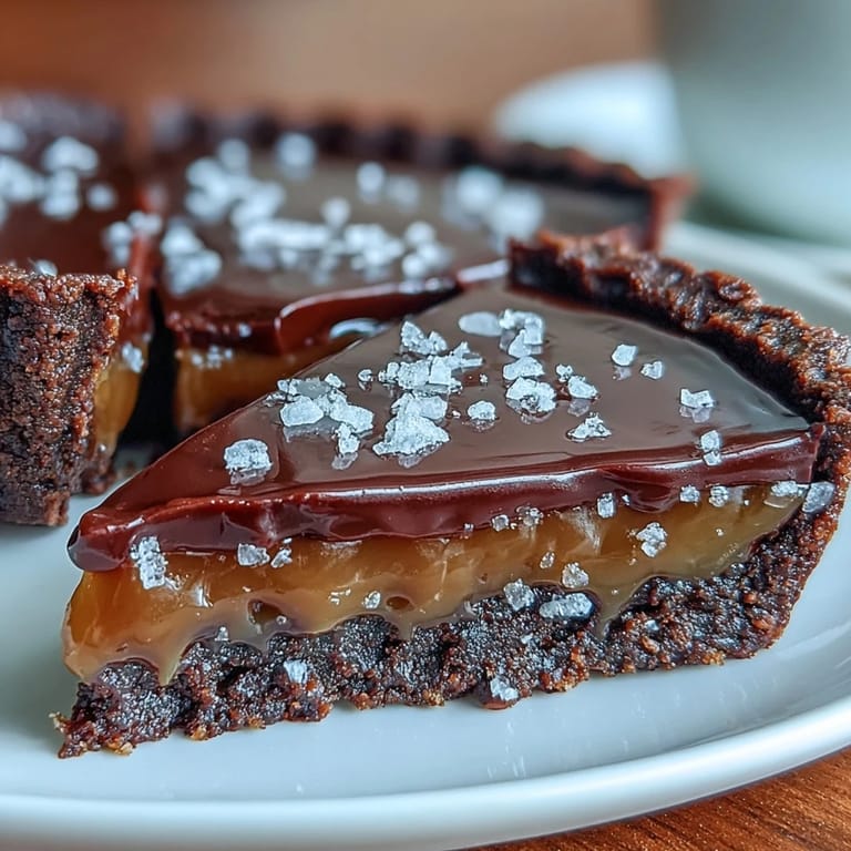 Decadent dark chocolate tart with a silky salted caramel layer and smooth ganache finish.