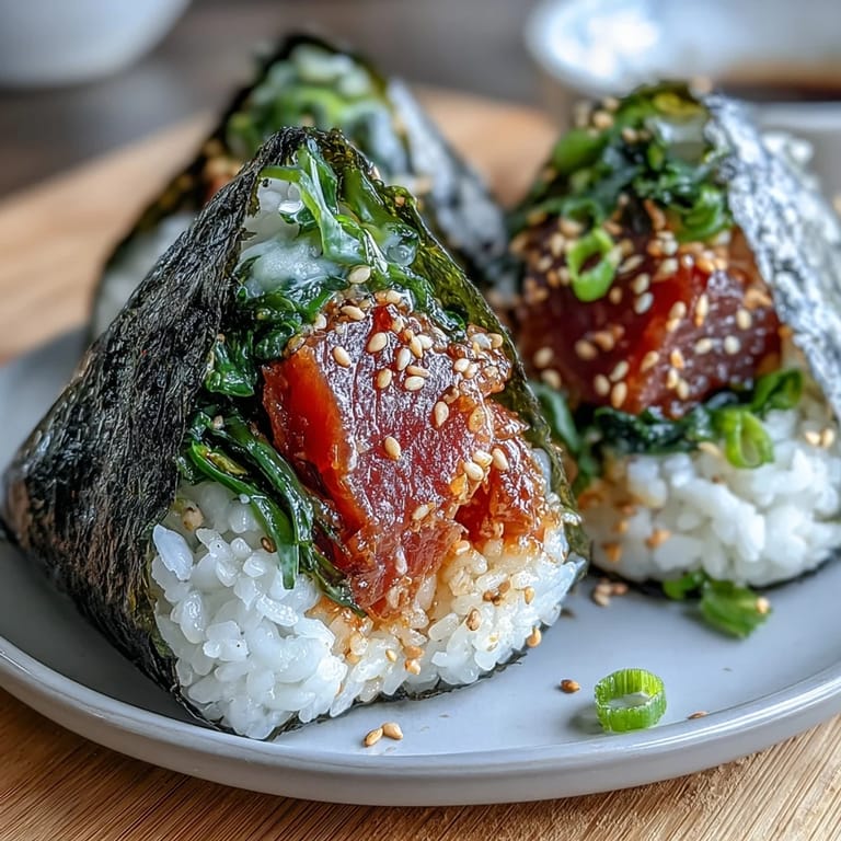 Golden onigiri triangles packed with creamy, spicy tuna and served with crisp seaweed strips for authentic flavor.  